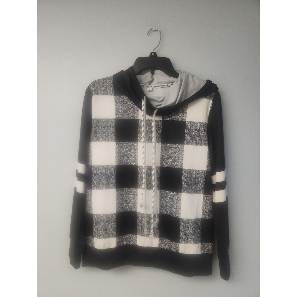 Love Exclusive Women's Black White Plaid Hooded Sweatshirt Hoodie Size Small